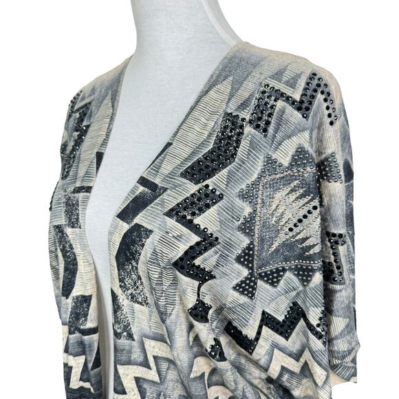 Vocal Gray Tan Jeweled Embellished Short Dolman Sleeve Open Cardigan Shrug - Picture 6 of 10